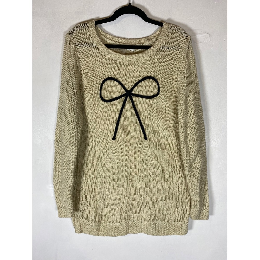 Lauren Conrad Bow Sweater Gold Shimmer Open Knit Cream Long Sleeve Medium